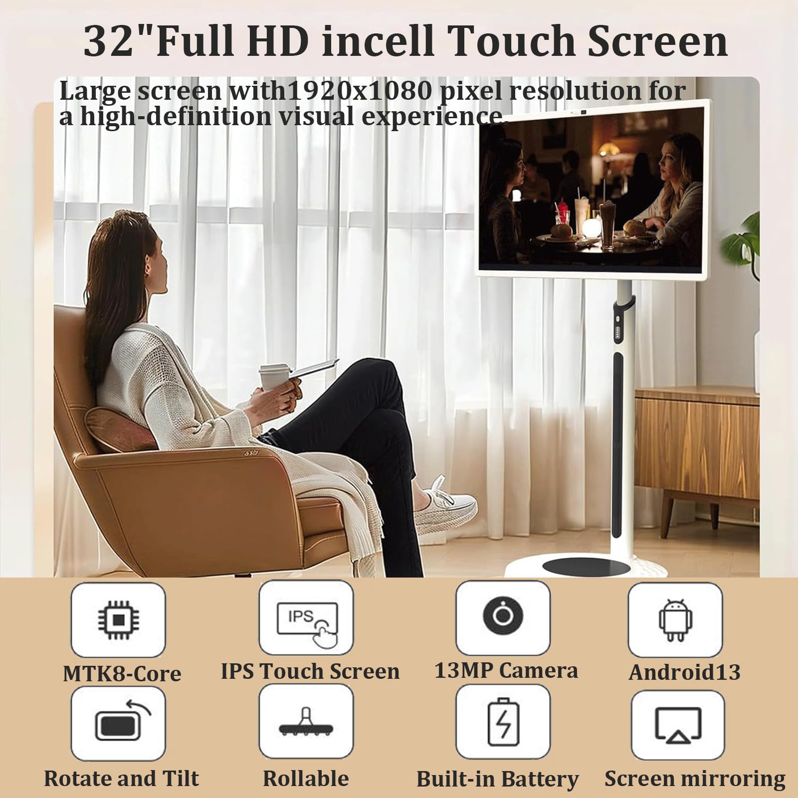 Televisor inteligente portátil inalámbrico con ruedas de 32 pulgadas, televisor con pantalla táctil y tableta en uno, con cámara HD de 13 MP, Android 13, batería de 4 a 6 horas, 8 GB + 128 GB Black