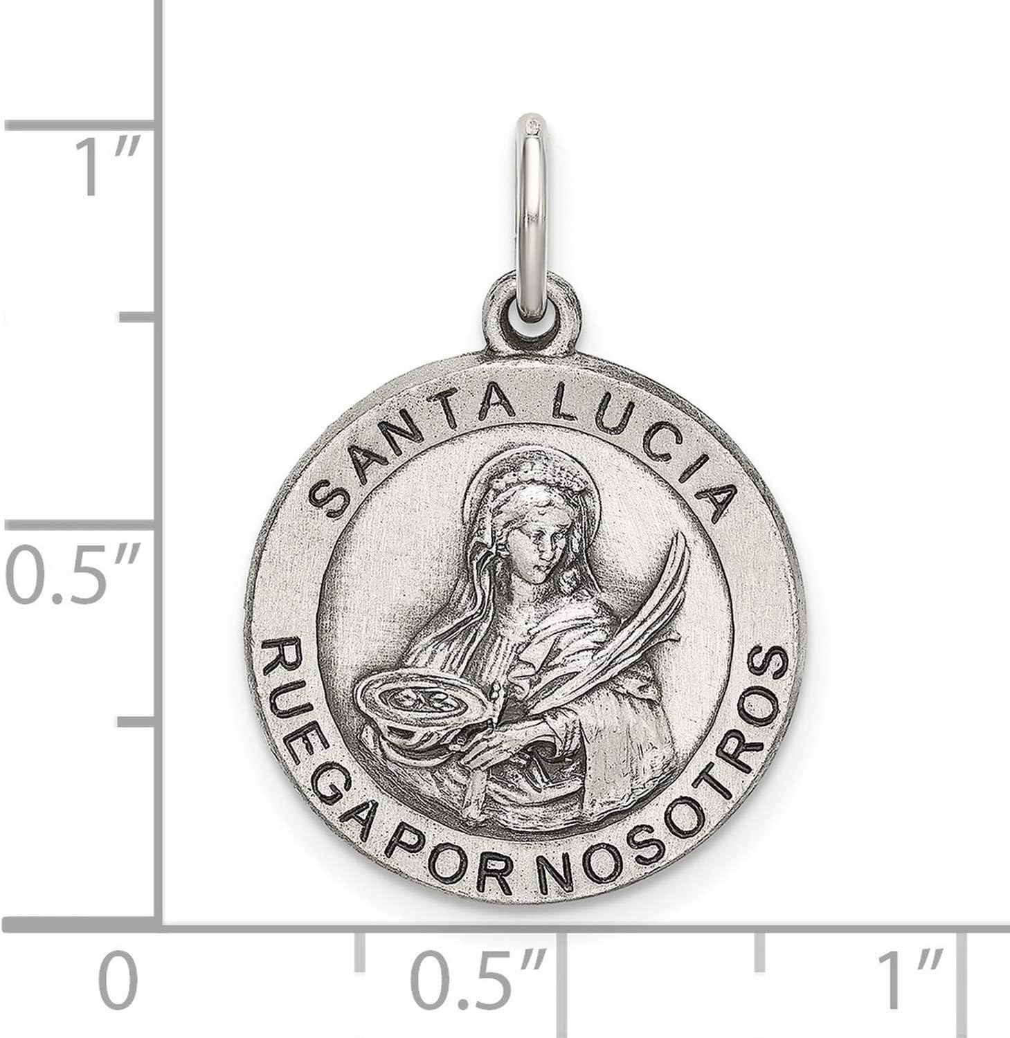 Spanish Santa Lucia Ruega Por Nosotros Words On Round Antiqued Penny Size Charm In Sterling Silver 21 mm x 19 mm