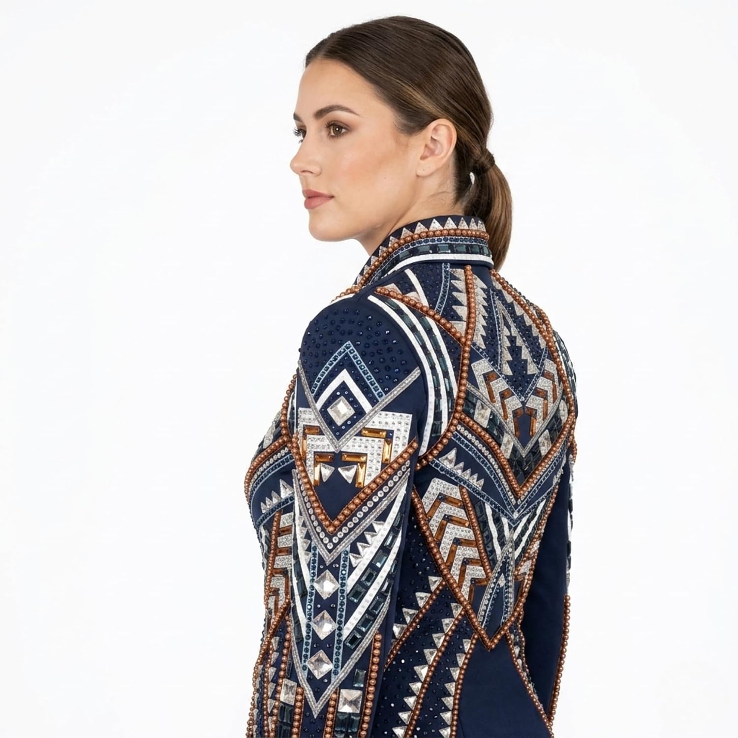 Western Women’s Showmanship Jacket – Premium Handcrafted Rhinestone Show Jacket with Turquoise, Copper & Crystal