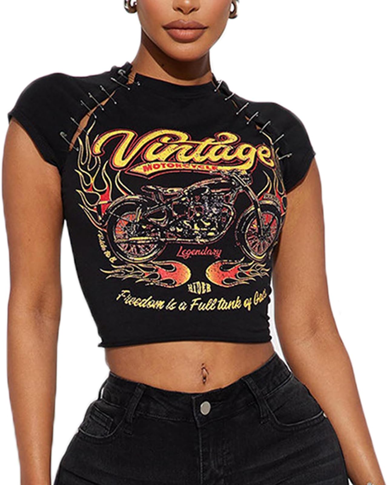 XzpuzWomen's Vintage Graphic T-Shirts Motorcycle Print Punk Rock Tees Slim Fit Pin Y2K Crop Top Gothic Blouse
