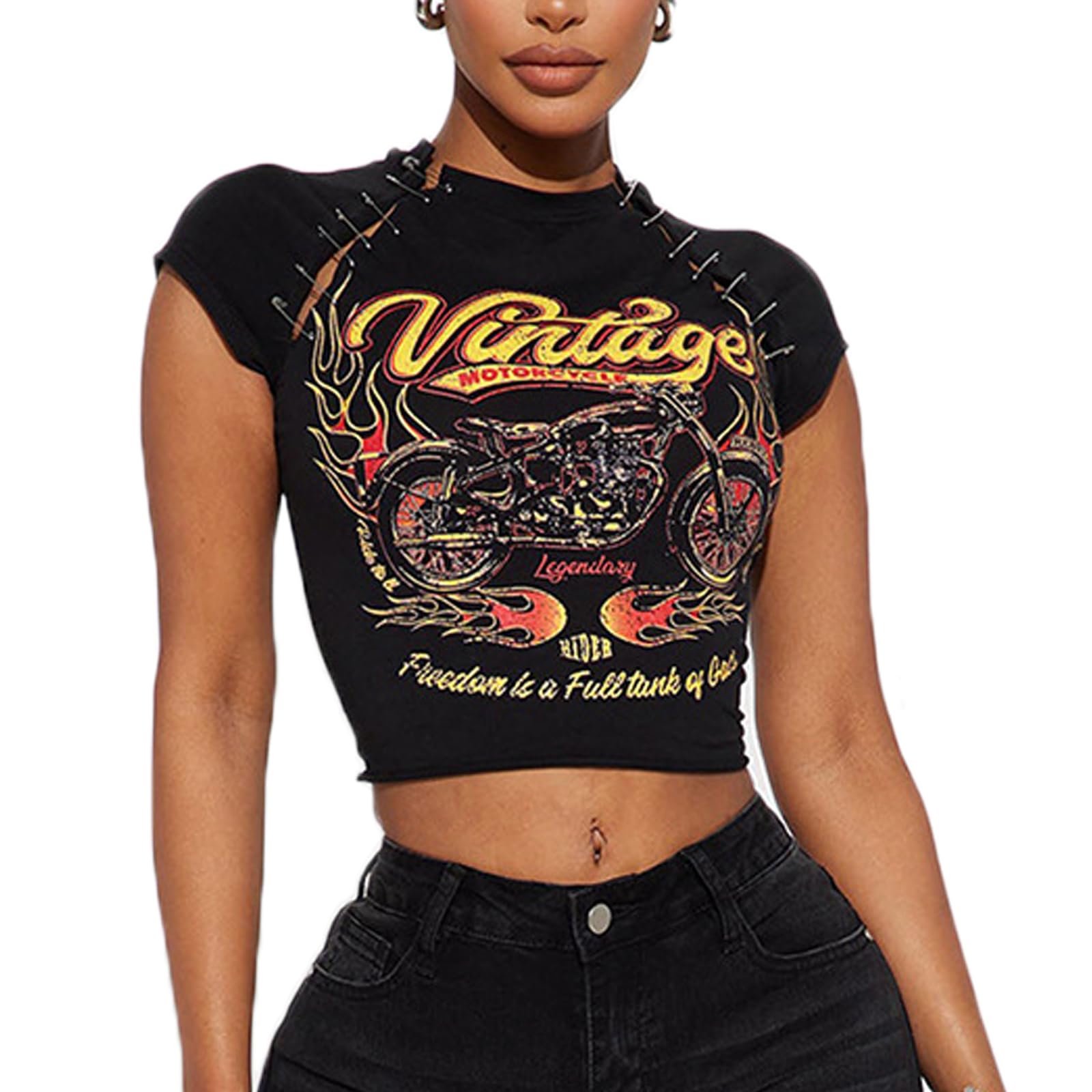 XzpuzWomen's Vintage Graphic T-Shirts Motorcycle Print Punk Rock Tees Slim Fit Pin Y2K Crop Top Gothic Blouse