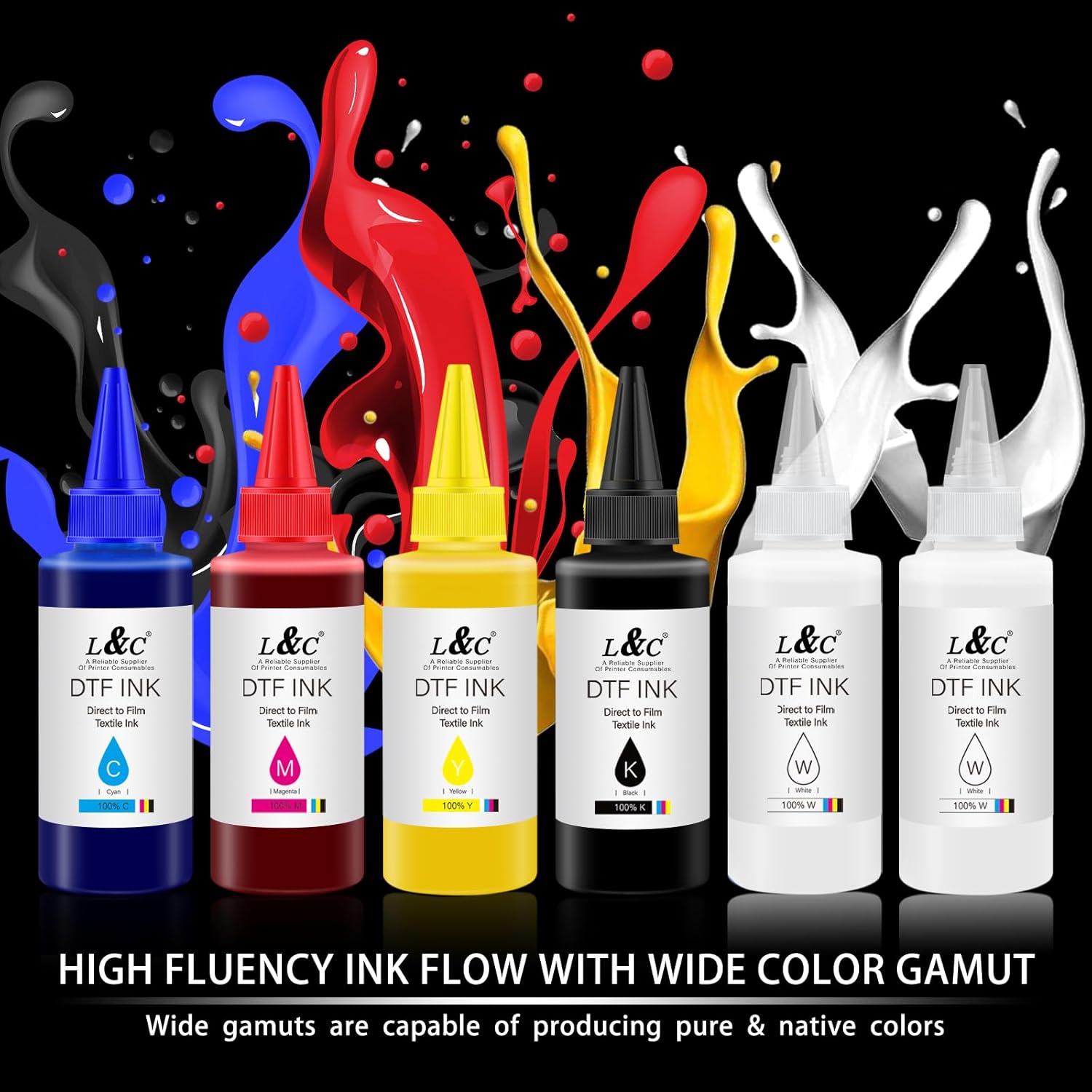 DTF Ink for ET-8550 ET-2850 xp15000 L1800 R1390 XP600 DX7 DX5 TX800 L800 1430 P400 I3200 6x100ml DTF Heat Transfer Ink Conversion Refill Kit - Compatible with EPSON & All DTF Printers, for DTF Film