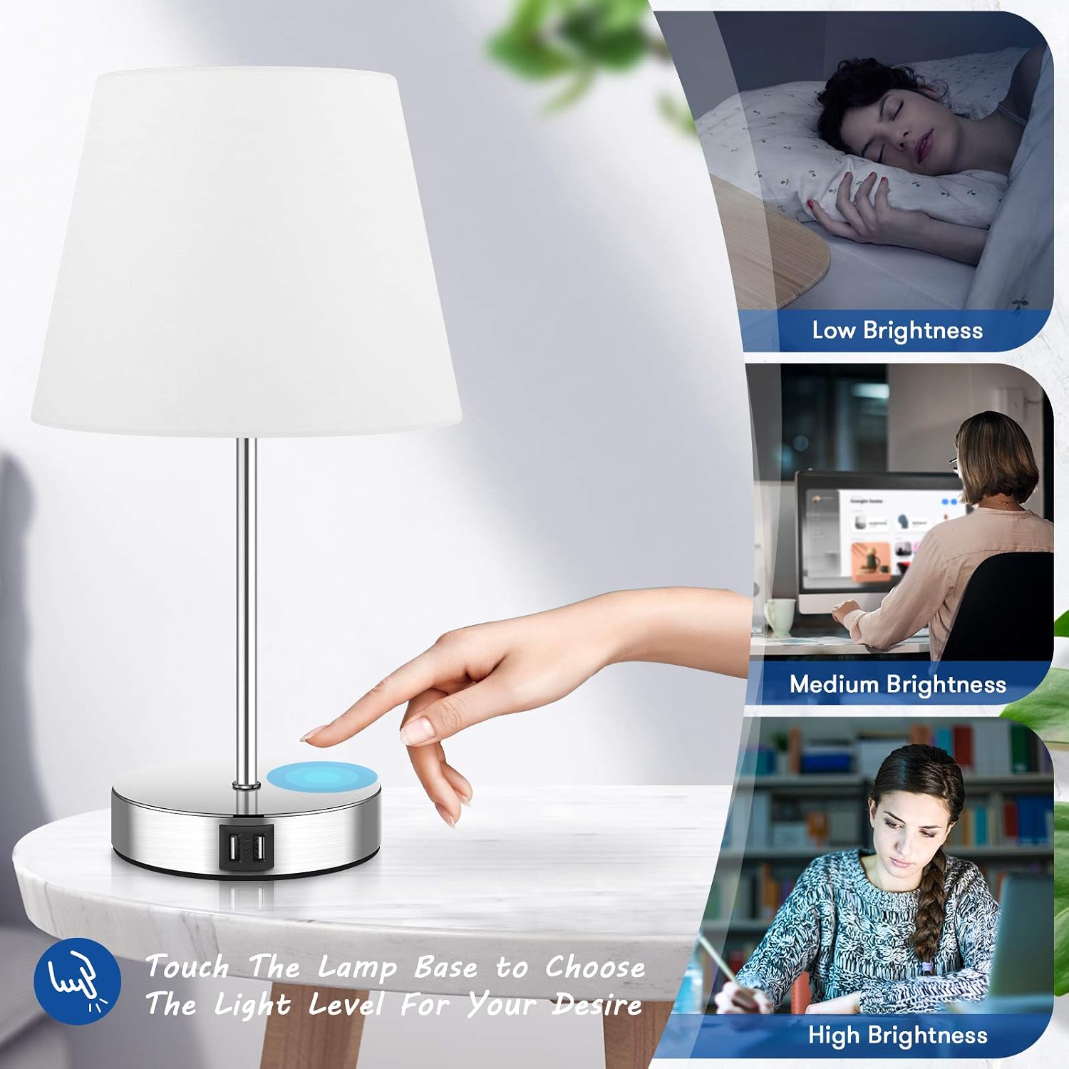 Touch Control Table Lamp, Modern Nightstand Lamps with Fast Dual USB Charging Ports & 1 AC Outlet, 3 Way Dimmable Bedside Lamp, Desk Lamp with White TC Shade for Bedroom, Hotel-5000K LED Bulb Included