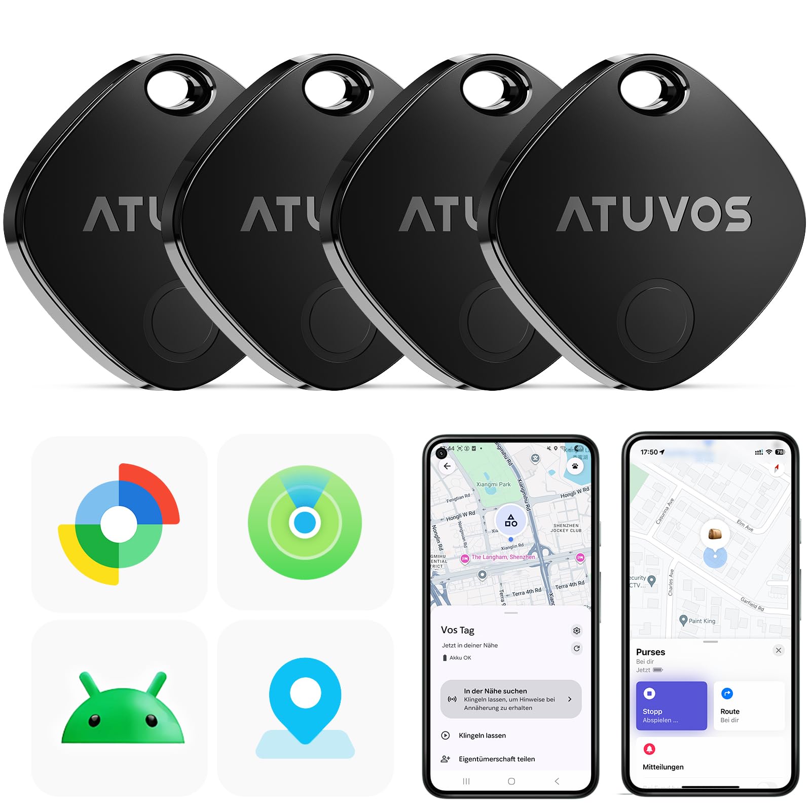 ATUVOS Air Tag Pro Smart Tags Tracker für Android & iOS, Neu Dual-System Schlüsselfinder kompatibel mit Google Mein Gerät finden or Apple Wo ist? App, Smarttag Key Finder für Gepäck, Koffer, 4er Pack.
