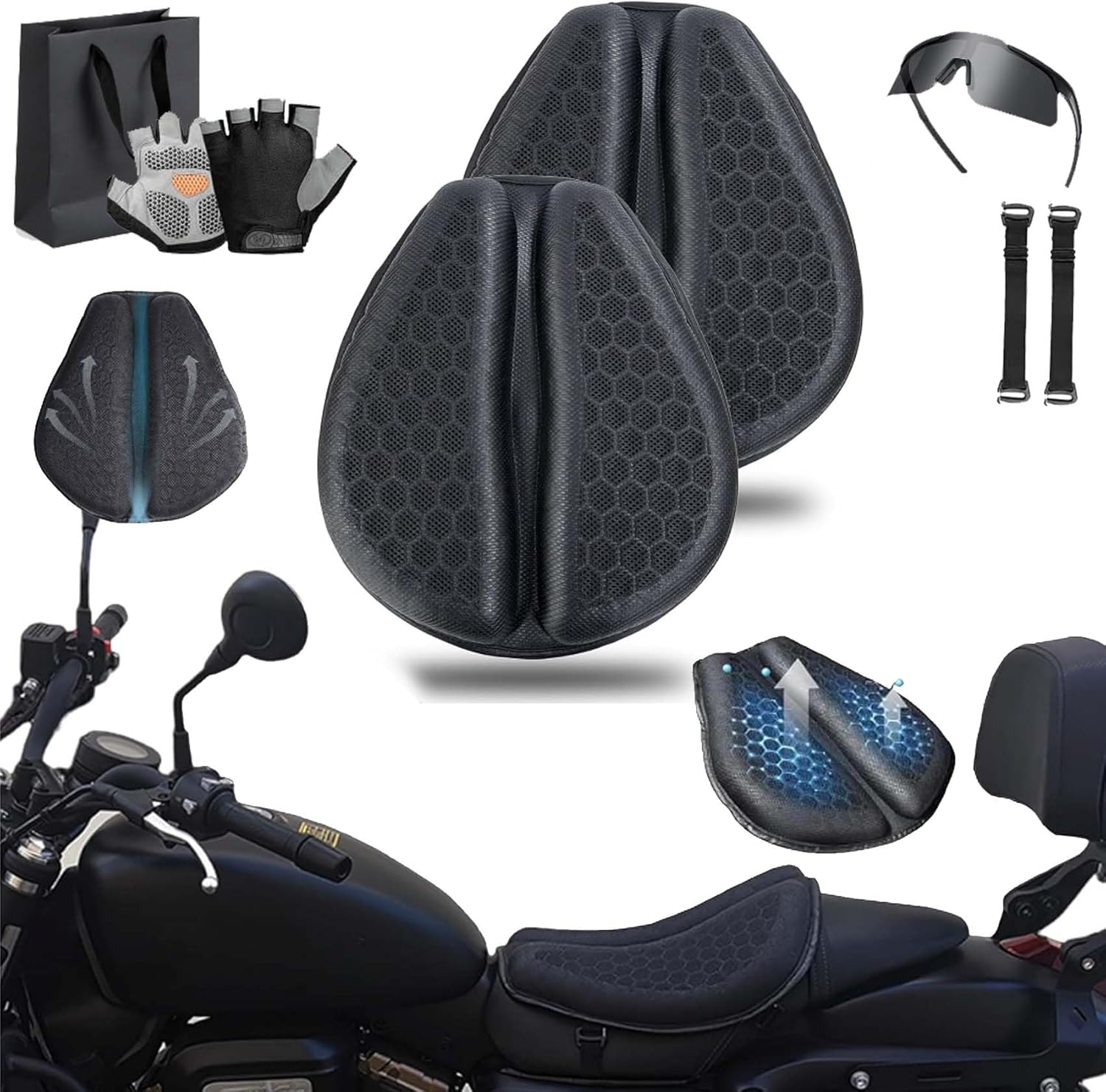 Shake Rider Cushion - Motorcycle Gel Seat Pad, 3D-Honeycomb, Shock Absorption Not Stuffy, Protecting Sensitive Areas, Relief No More Tailbone Soreness, Ride 3X Longer, Discomfort on Long Rides (2Pcs)