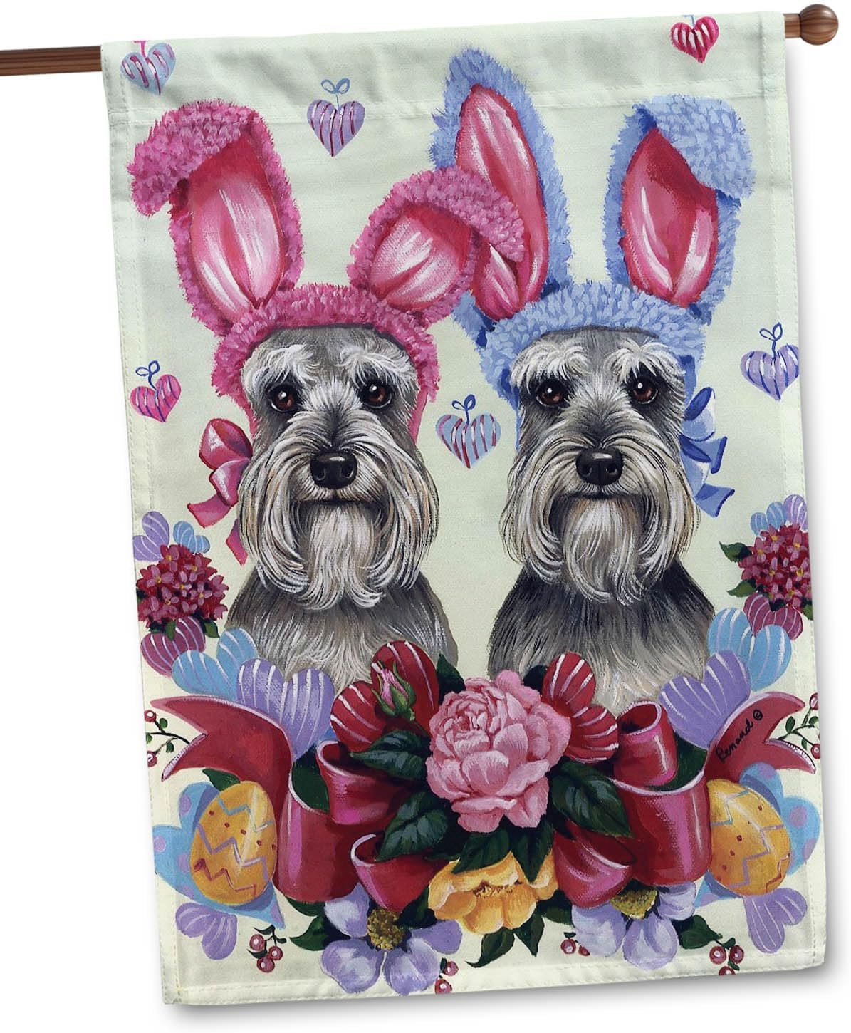 Flagology, Schnauzer Bunnies House Flag 28" x 40", Outdoor Flag, Premium Fabric, Precious Pets Paintings, Easter, Spring Decor, Dog, Schnauzer