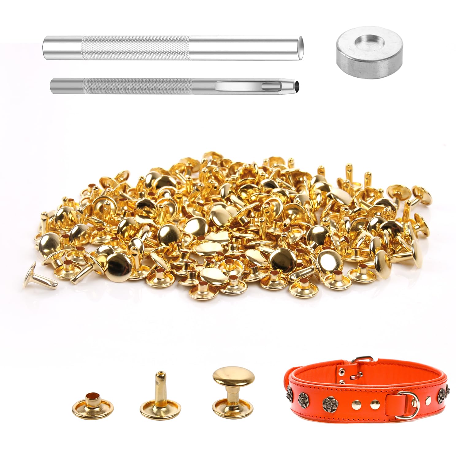 100 Sets Gold Leather Rivets 9x8mm, Double Cap Metal Studs with 3pcs Setting Tool Kit for DIY Leathercraft, Belts, Bags, Shoes, Clothing Repair and Decoration — image 1