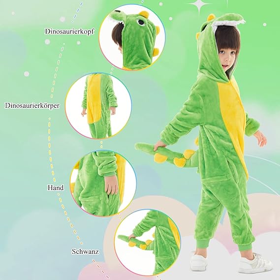 Alaoo Dinosaurus-overall voor kinderen, winteroverall kostuums voor kinderen, zachte eendelige pyjama, schattige dinosauruspyjama met capuchon, flanel nachtkleding voor cosplay kostuum Halloween, maat