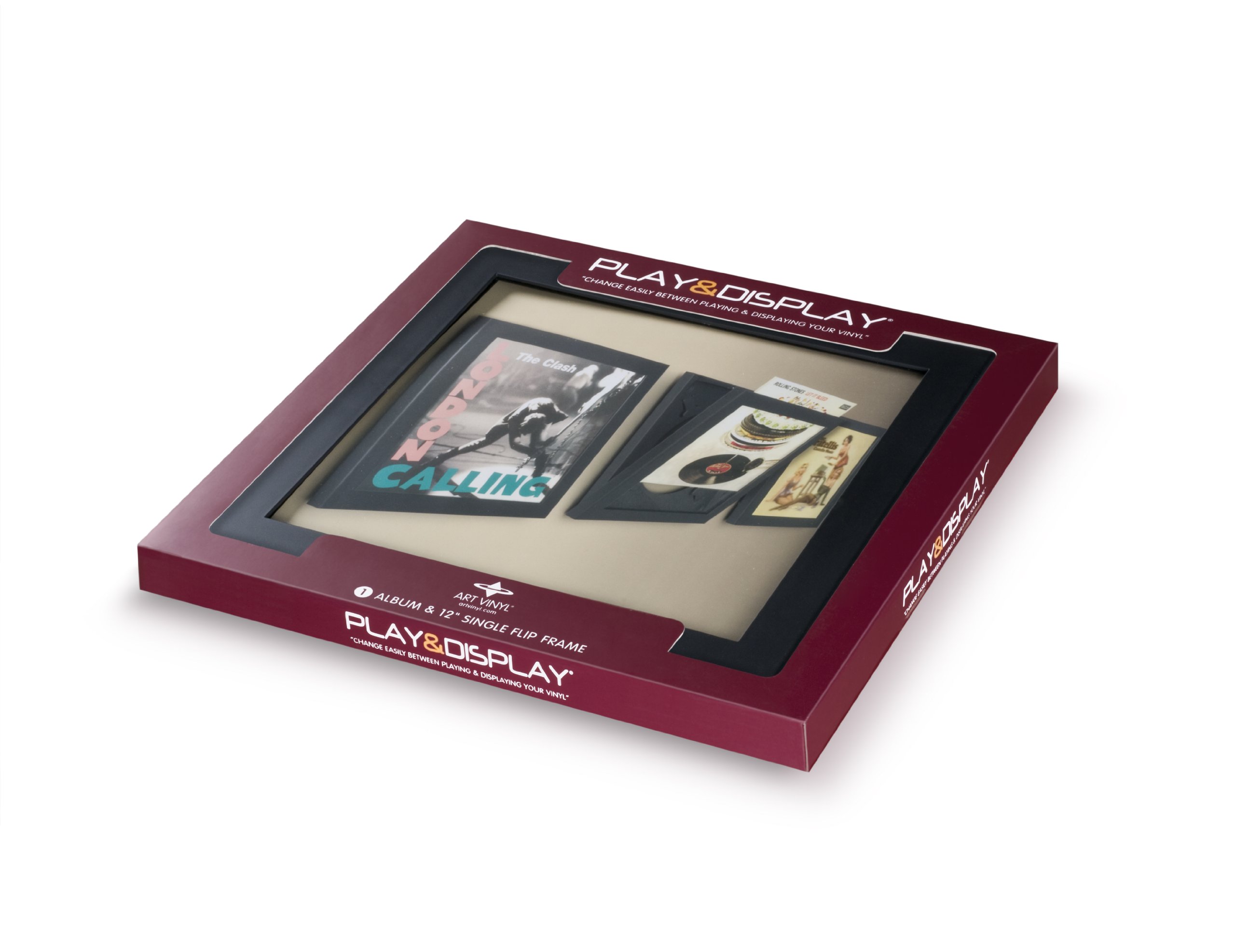 PLAY AND DISPLAY Art Vinyl Schallplattenrahmen, für Single-Vinyl oder 1 bis 3 LPs/Doppel-LP Klapphülle | 38 × 38 cm Schwarzer Flip-Rahmen mit UV-Schutz und kratzfestem Acryl, einfache Wandmontage