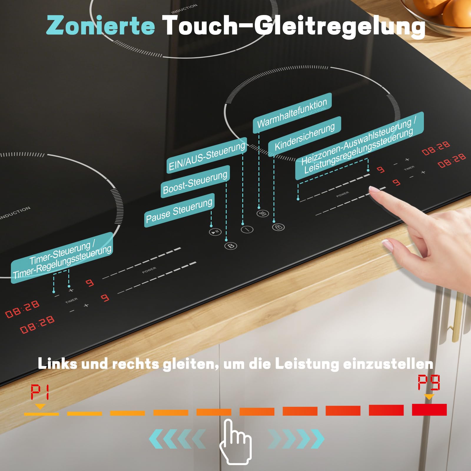 Induktionskochfeld 60cm Leistung Boost, Kochfeld Induktion 4 Platten, 7200W | 9 Leistungsstufen, Zonierte Touch-Bedienung, Timer 1-99 Min, Kindersicherung, Autarkes Einbau Induktionsherd