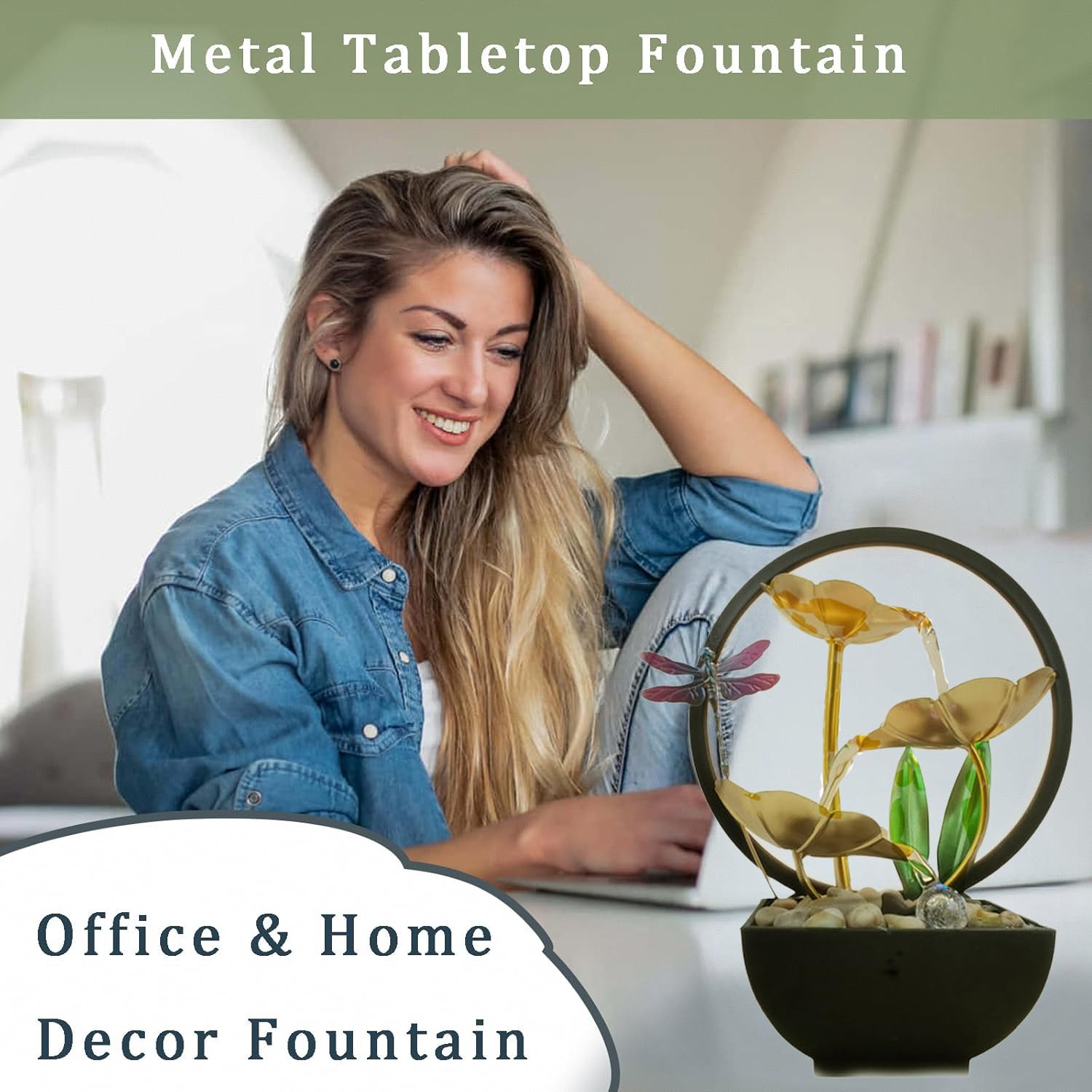 Tabletop Water Fountain,Tabletop Water with Fountain LED Ring Lights Indoor Waterfall Fountain,Indoor Tabletop Humidifier for Home Office Bedroom