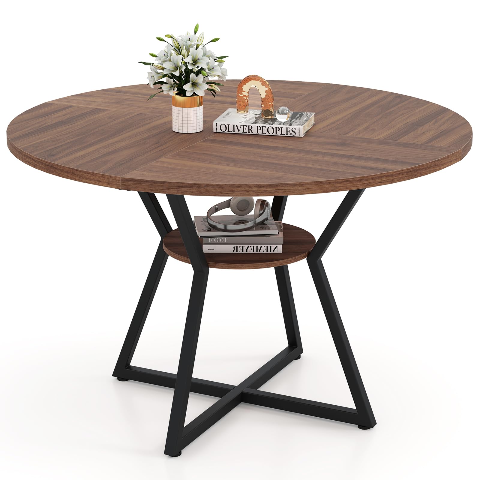 COSTWAY Dining Table for 4-6 People, Round Wooden Kitchen Tables with Storage Shelves, Metal Base & Adjustable Foot Pads, Circle Dinner Table for Home Dining Room (with 1 Shelf, 118cm)