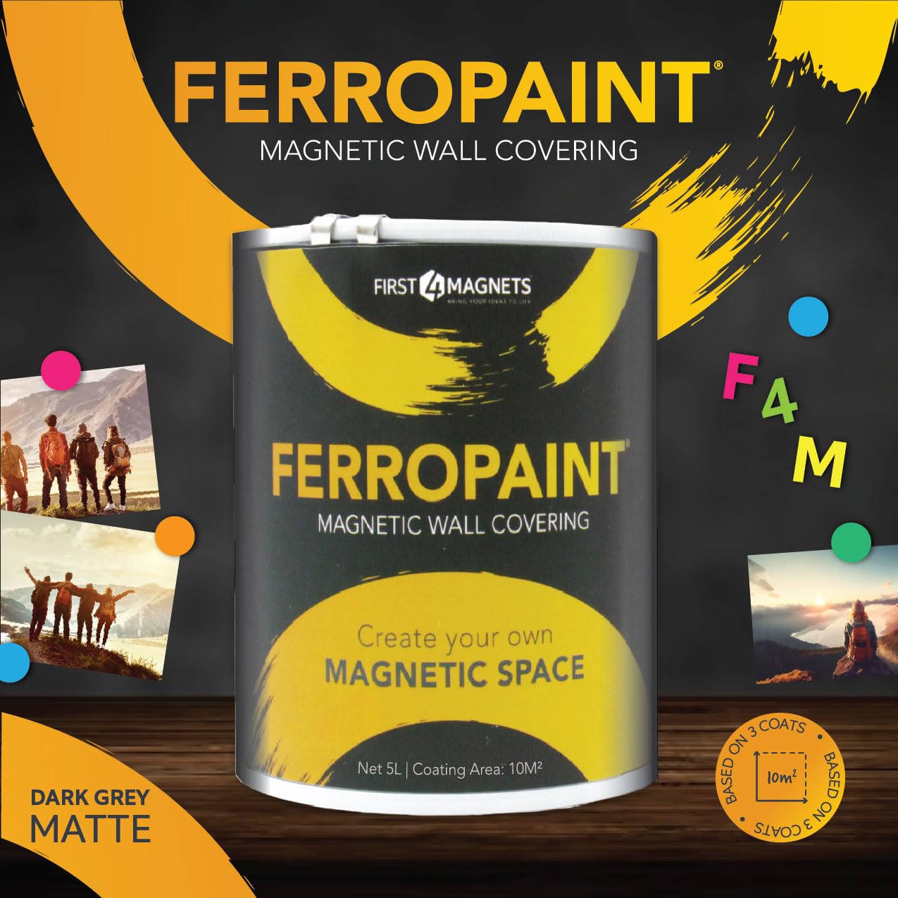Ferropaint® Charcoal Magnetic Lack Für Wände, Schlafzimmer, Büro, Küche, Spielzimmer, Klassenzimmer, Diy und Renovierung - 5 Liter