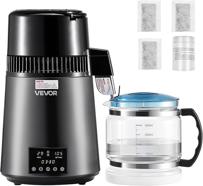 VEVOR 1750W Water Distiller, 0.4Gal/H Distilled Water Maker with Glass Carafe, 4L/1.1Gal Countertop Distiller Machine, 0-99H Time Temp Dual Display, Anti-Dry Design 304 Stainless Steel Still, Grey