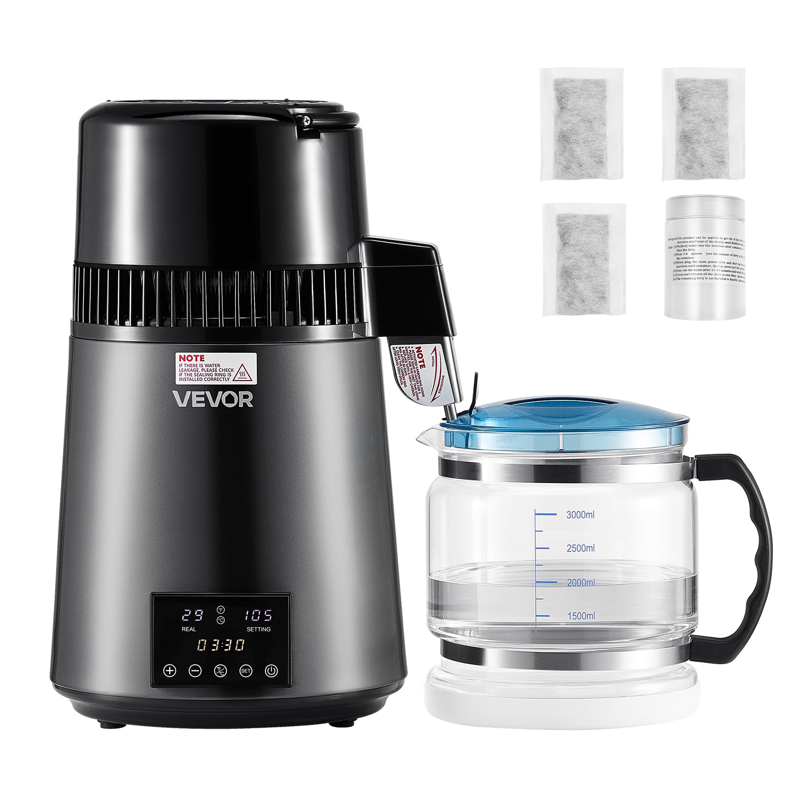 Photo 1 of ***DENTED AND DAMAGED***
VEVOR 1750W Water Distiller, 0.4Gal/H Distilled Water Maker with Glass Carafe, 4L/1.1Gal Countertop Distiller Machine, 0-99H Time Temp Dual Display, Anti-Dry Design 304 Stainless Steel Still, Grey