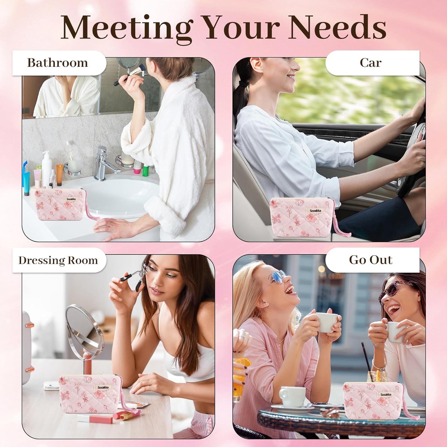 PLwelth Cute Coin Purse Cotton Quilted Flower Coin Pouch Mini Pink Wallet Small Change Purse Cosmetic Bag with Zipper Cartoon Rabbit Prints Earphone Card Key Holder Christmas Gifts for Women - Image 3