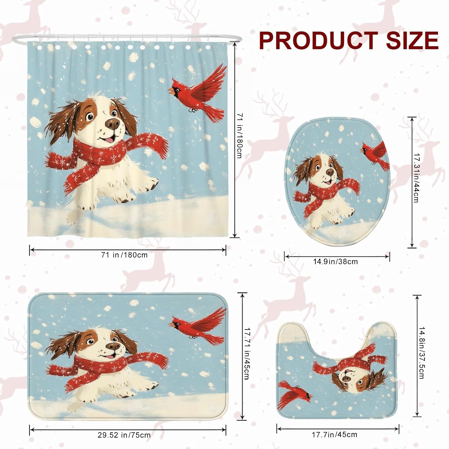 4PCS Winter Christmas Springer Spaniel Dog Bathroom Accessory Sets with Non-Slip Rug, U Shape and Toilet Lid Cover Mat, Cute Kid Xmas Puppy Bathroom Decorative-72''x72''