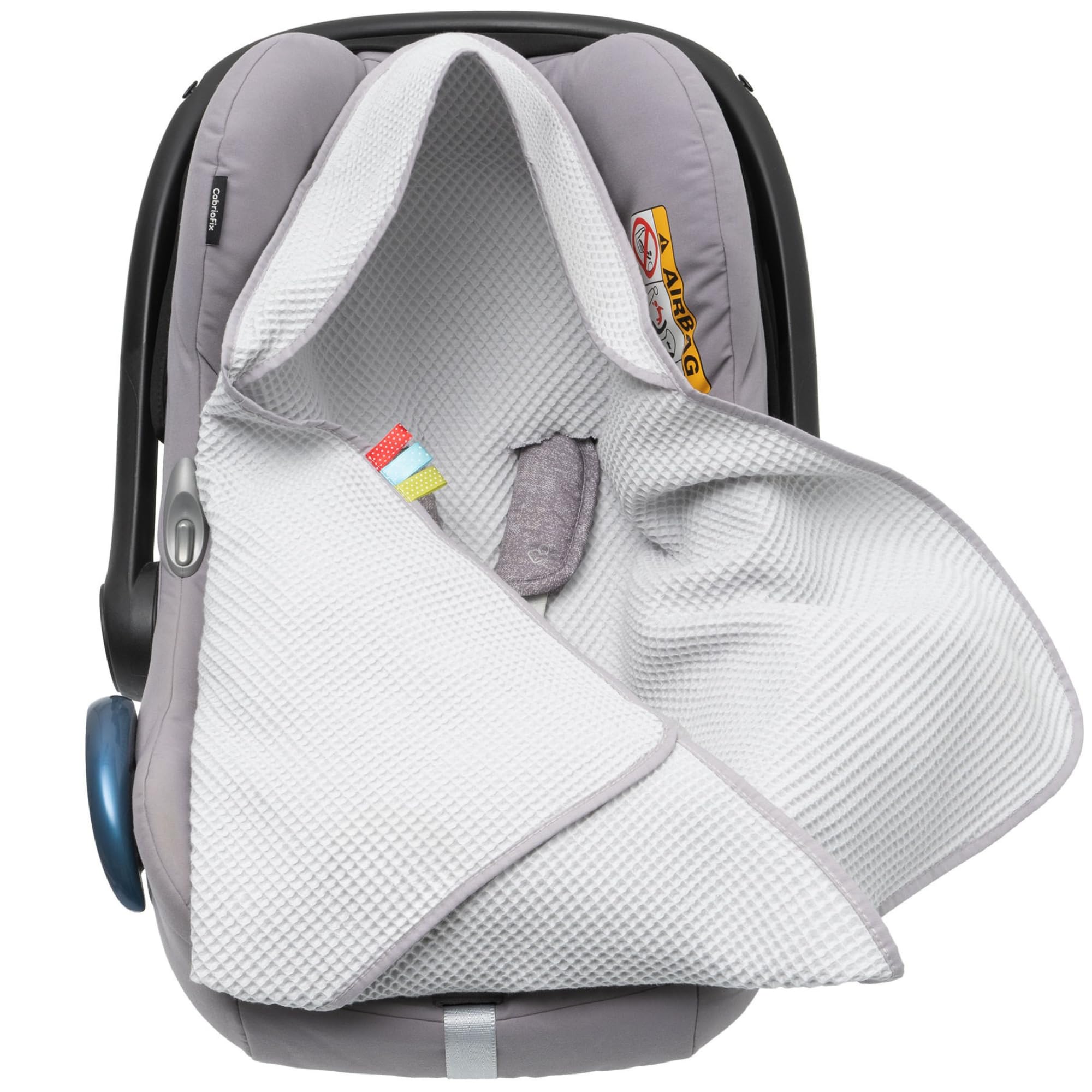 Einschlagdecke Babyschale Sommer für Maxi Cosi & Kinderwagen, 100% Baumwolle | mit Kapuze & Klettverschluss, atmungsaktiv, ohne Füllung | Babydecke 80x80 cm, 0-6 Monate, Öko-Tex (Grau)