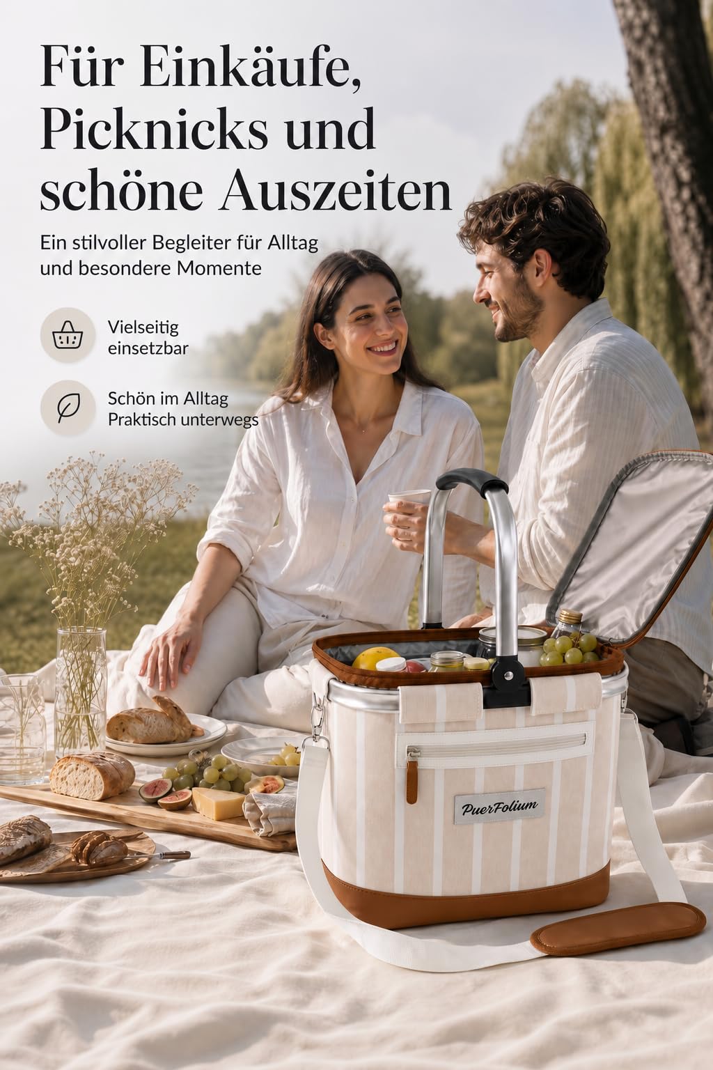 Kühltasche Einkaufskorb Kühlkorb 20L Faltbar Isoliert Thermo mit Deckel Reißverschluss Abnehmbarer Picknickkorb Aluminiumrahmen Thermokorb Schultergurt verstärkt für Einkauf Picknick Beige