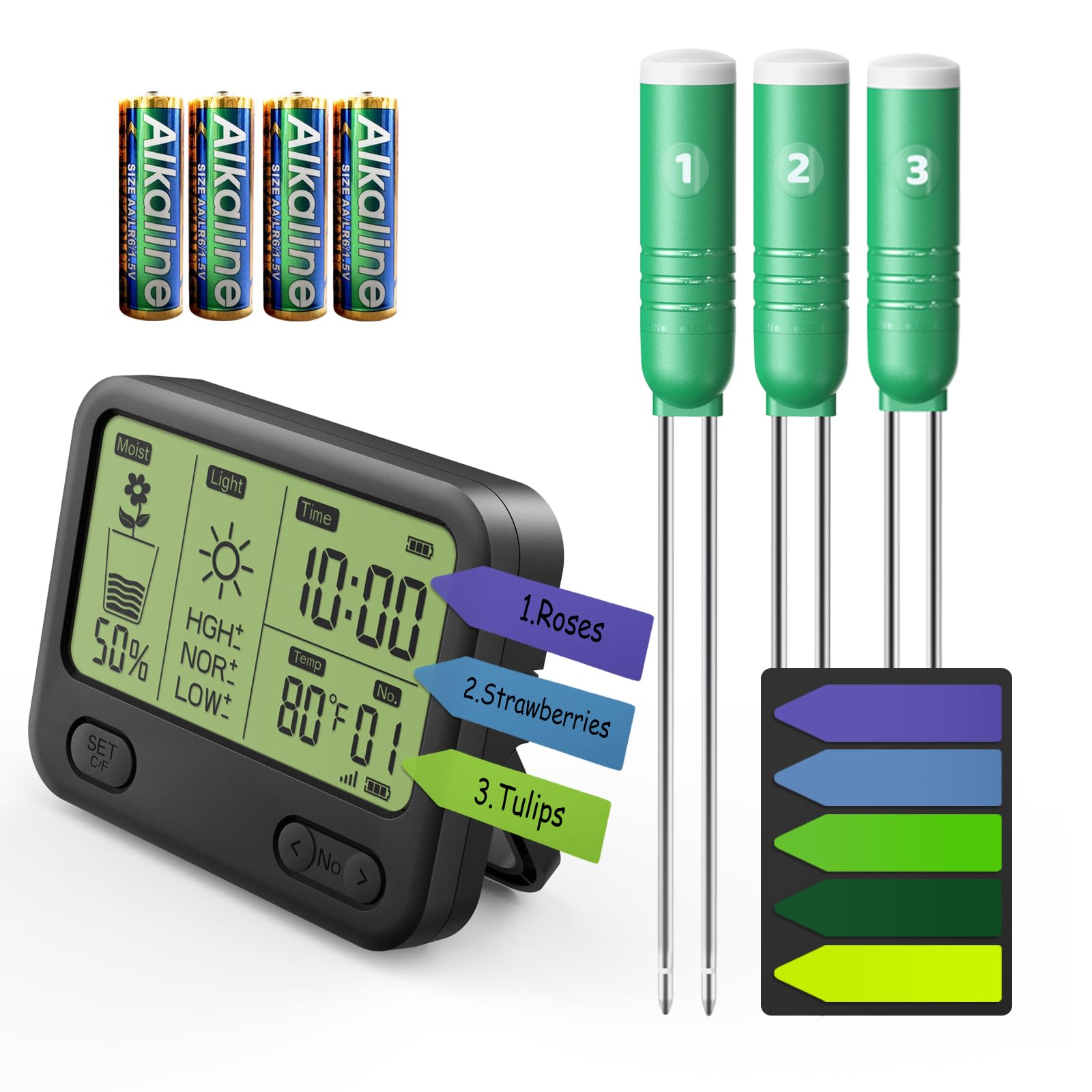 Vodeson4in1 Plant Soil Moisture Meter Wireless, 200ft Range includes 4 Batteries–Waterproof&LCD Display for Moisture, Temperature, Sunlight Time–Ideal for Garden,Lawn Care–Outdoor Plant (3 Sensors