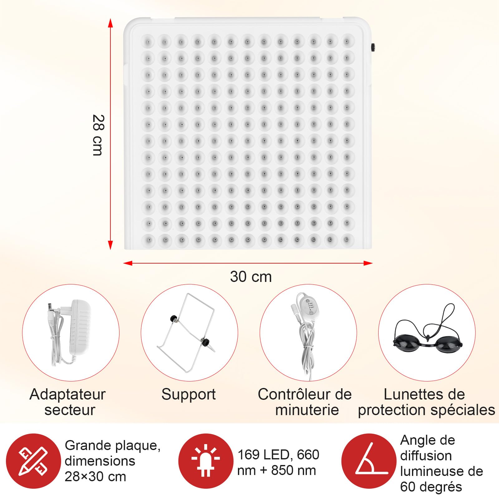 Lampe Rouge In-frarouge 660nm & 850nm, Panneau Visage & Corps | Lampe in-frarouge à 169 LEDs avec support et minuteur, idéale pour relaxation musculaire et soin de la peau
