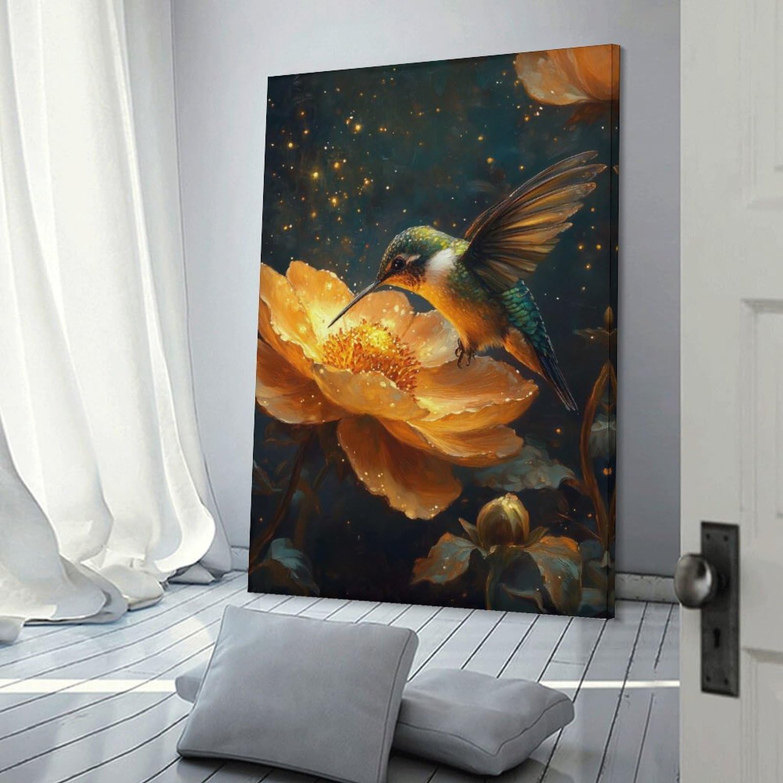 Junmoney Frame-Style-24 Canvas Art Print Hummingbird And Flower, 24X36inch(60X90cm), For Contemporary Homes, Apartments Or Offices, Decorative Canvas Decor For Home Updates