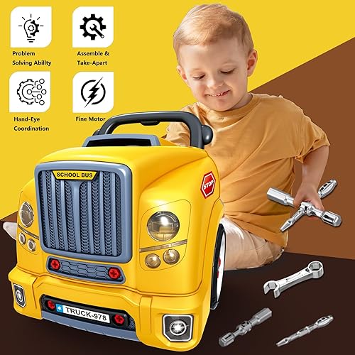 Miniatura 5 de MUGEYMYD Juguete de motor de camión grande para niños de 3 a 5 años, vehículo de motor desmontable con luz y sonido, juego de taller mecánico para