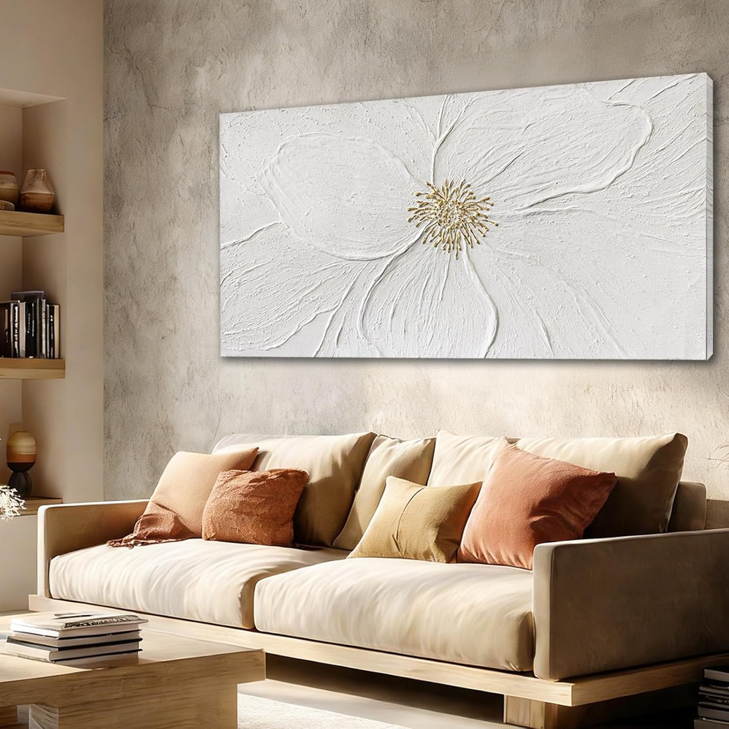 Large Floral Abstract Wall Art, Hand Painted Textured Canvas with Soft Organic Petal Forms, Ivory and Beige Tones with Gold Accents, Oversized Modern Statement Wall Decor, Gallery Wrapped, 29×58 Inch