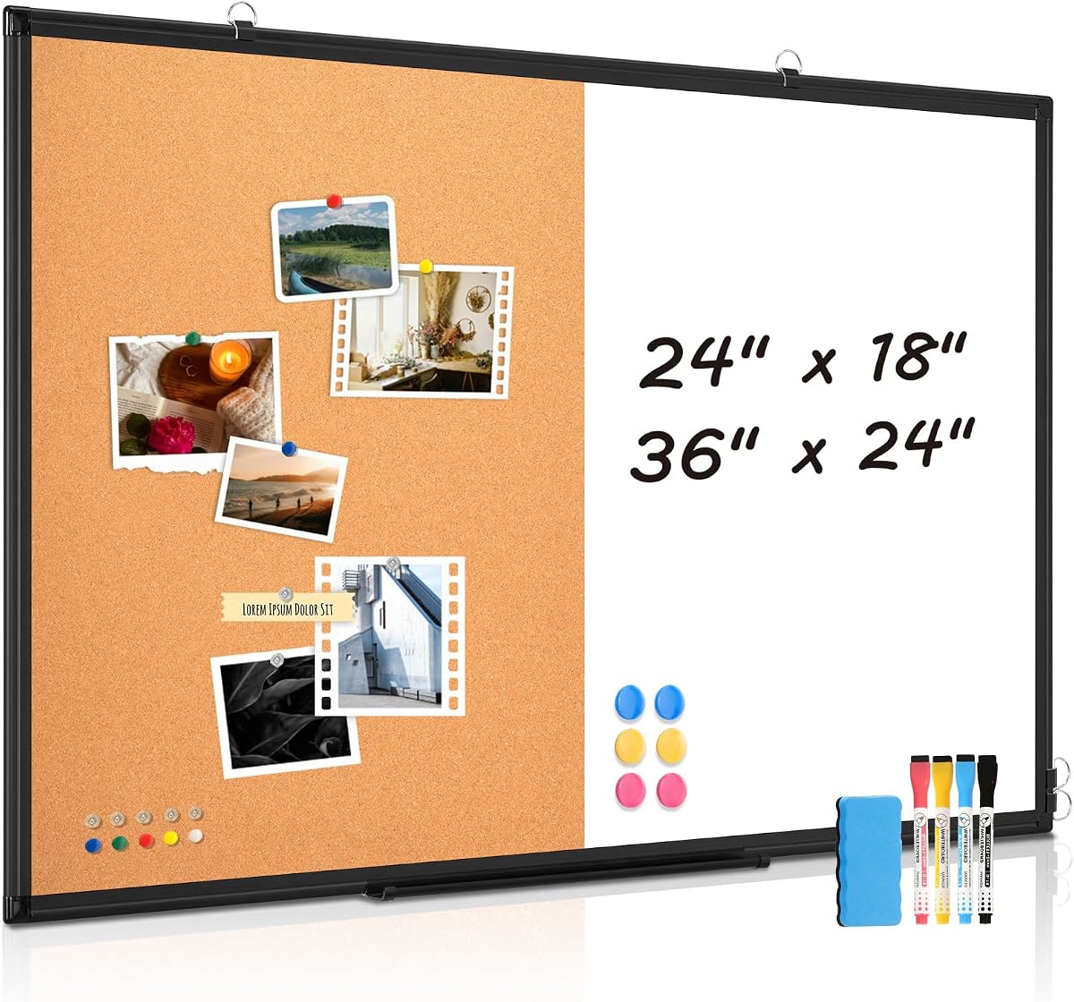 Magnetic Dry Erase White Board Cork Board Combo for Wall with Accessories | 24"x18" Vision Board Manifestation Whiteboard Corkboard Combination Aluminum Frame Home Office School Supplies ADHD Planner