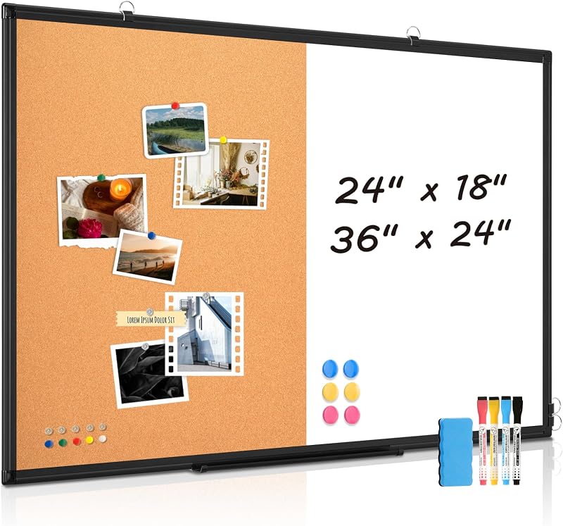 Magnetic Dry Erase White Board Cork Board Combo for Wall with Accessories | 24"x18" Vision Board Manifestation Whiteboard Corkboard Combination Aluminum Frame Home Office School Supplies ADHD Planner