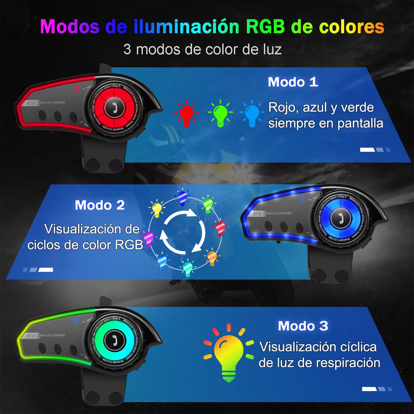 Intercomunicador Casco Moto, Interfono Manos Libres Auriculares Sistema de Comunicación Wireless 5.0 con IP67 Impermeable, RGB luz, Reducción de Ruido CVC Interfono Moto Intercomunicador Casco Auricul