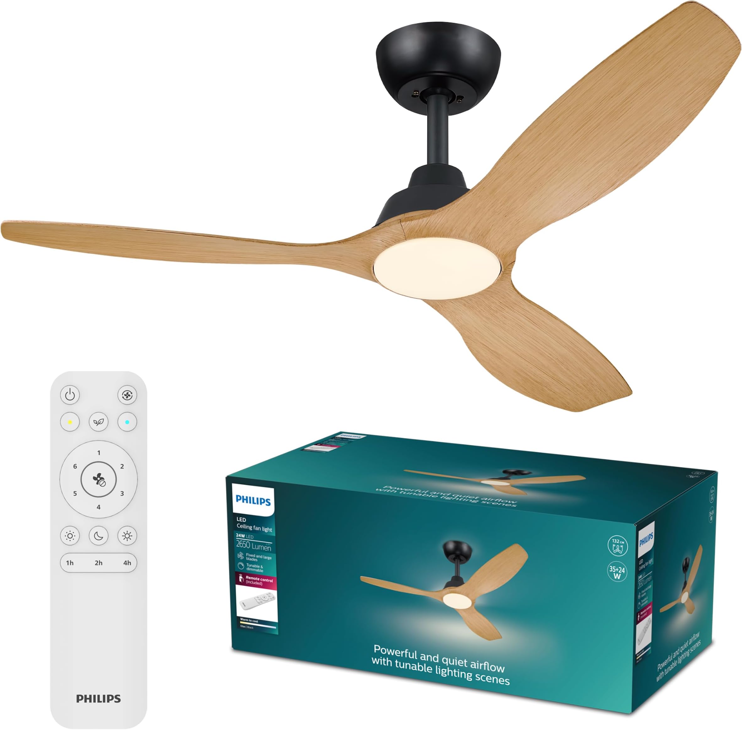 Olas Ceiling Fan with LED Light, 3 Blades, 132 cm Diameter, 2650 Lumens, Tunable White Light from 3000 K to 6500 K, Dimmable to 5%, Remote Control Included, Black/Wood
