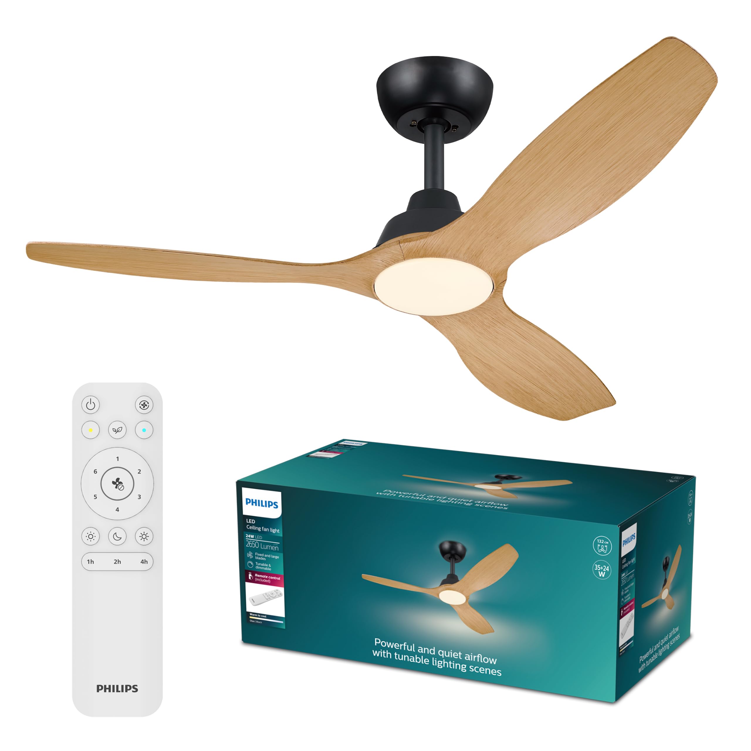PHILIPS Olas Ceiling Fan with LED Light, 3 Blades, 132 cm Diameter, 2650 Lumens, Tunable White Light from 3000 K to 6500 K, Dimmable to 5%, Remote Control Included, Black/Wood