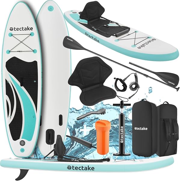tectake® SUP Gonfiabile, Tavola Stand-Up Paddle Versatile, Materiale Drop-Stitch, 3 Pinne con Pinna Removibile, Pagaia in Alluminio Regolabile, Antiscivolo in Schiuma EVA - 1