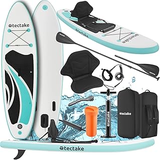 tectake® Stand Up Paddle Board, SUP aufblasbar, Standup, SUB mit Pumpe, Kajak Boot Sitz, Finnen, Rucksack, Doppelpaddel, Paddel, für Wassersport und Paddling, bis 200 kg belastbar