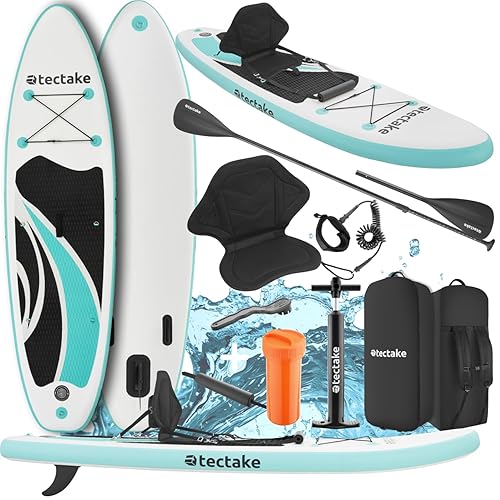 tectake® Stand Up Paddle Board, SUP aufblasbar, Standup, SUB mit Pumpe, Kajak Boot Sitz, Finnen, Rucksack, Doppelpaddel, Paddel, für Wassersport und Paddling, bis 200 kg belastbar - weiß/türkis
