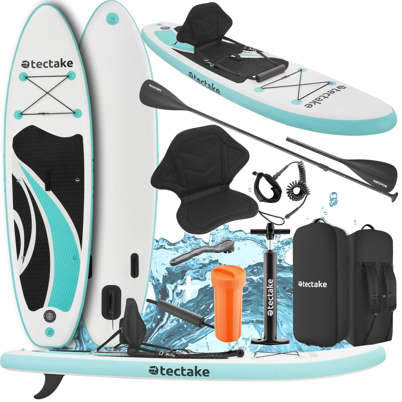 tectake® Sup Gonfiabile, Tavola Stand Up Paddle Board 2 in 1, Kayak montando Sedile e SUP, Con Pompa, 3 Pinne, Zaino Pagaia Singola e Doppia, Tecnologia Drop Stich, in Schiuma EVA, Carico Max 200 kg