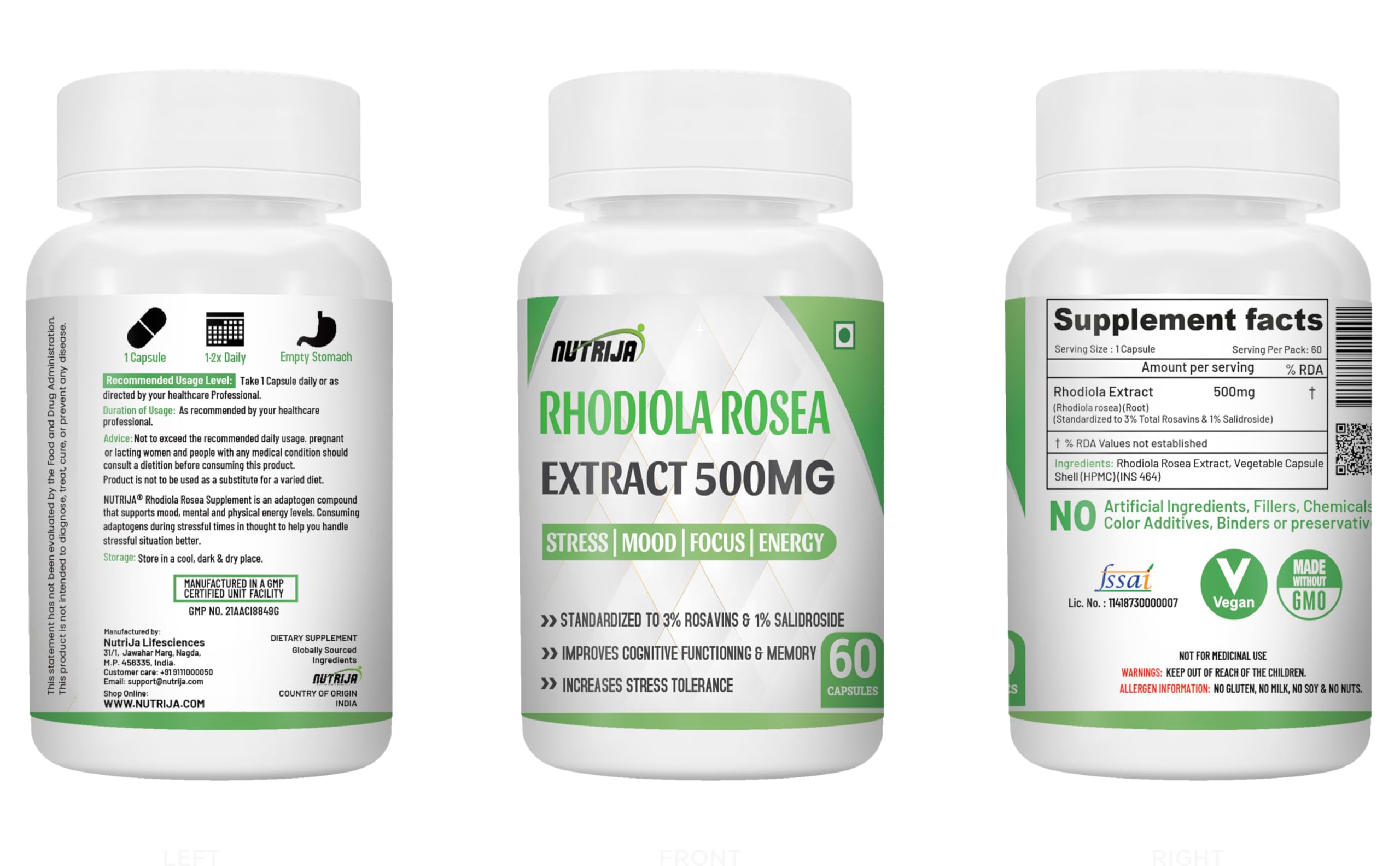 NutriJa Rhodiola Rosea Root Extract 500mg | Rosavins & 1% Salidrosides & Adaptogen Complex with Bioperine. (60 Capsules)|Rosea Root Extract Capsules 2