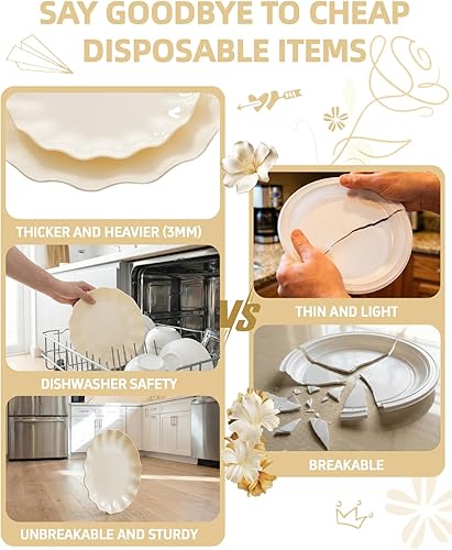 Miniatura 8 de LIYH - 24 platos de plástico reutilizables, platos irrompibles, platos de plástico festoneados, aptos para lavavajillas, juegos de platos de marfil,