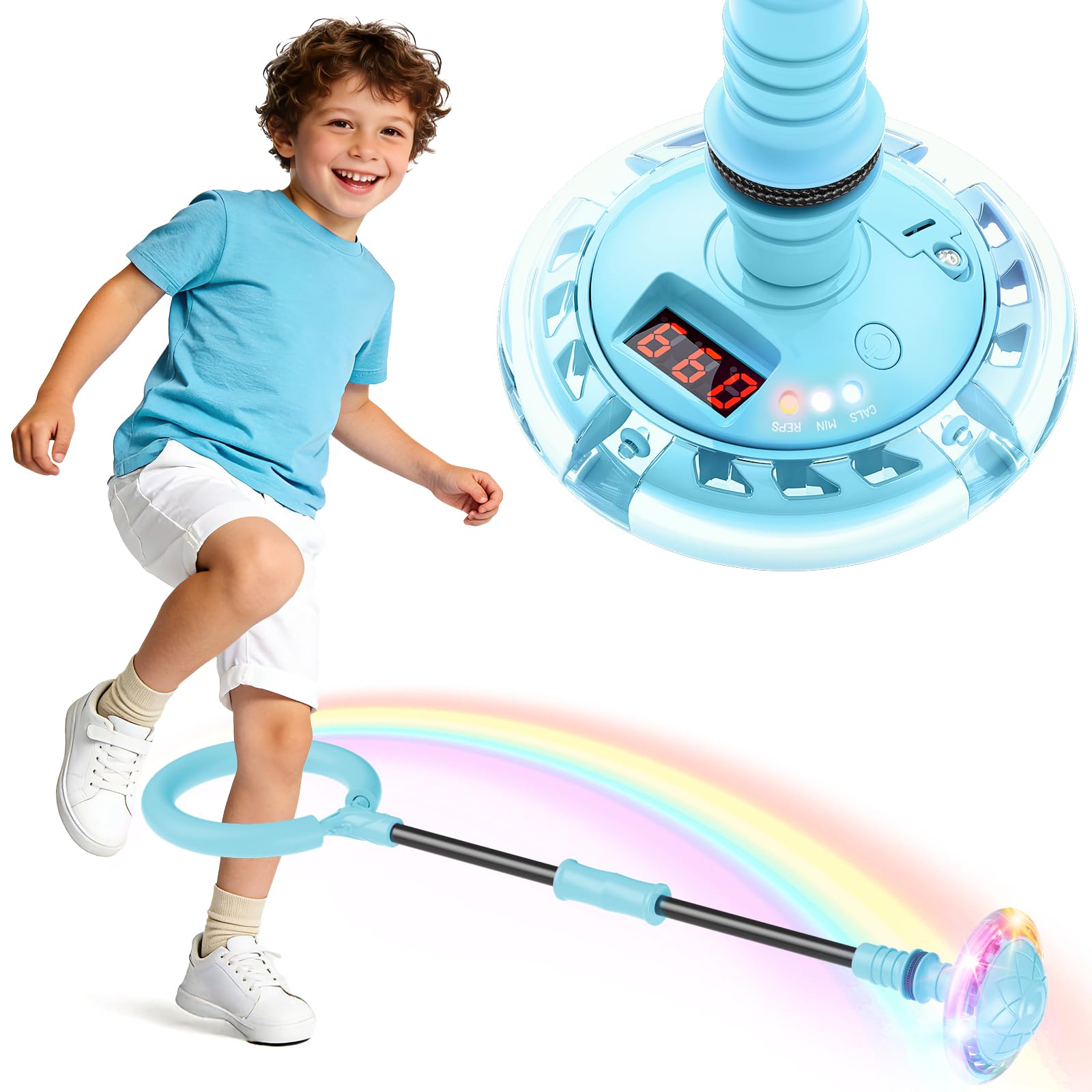 Ankle Skip Ball for Kids with Counter, Timer, Cal Calculator, Boys Birthday Gifts for Age 5 6 7 8 9 10, Battery Powered Foldable Outdoor Sports Toy for 6 7 8 9 10 Year Old Boys Gifts (Light Blue) â image 1