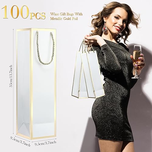 Miniatura 2 de Outus 100 bolsas de regalo de vino, bolsas de botellas de vino con asas de 13.8 x 3.8 x 3.8 pulgadas, elegantes bolsas de papel kraft de licor y