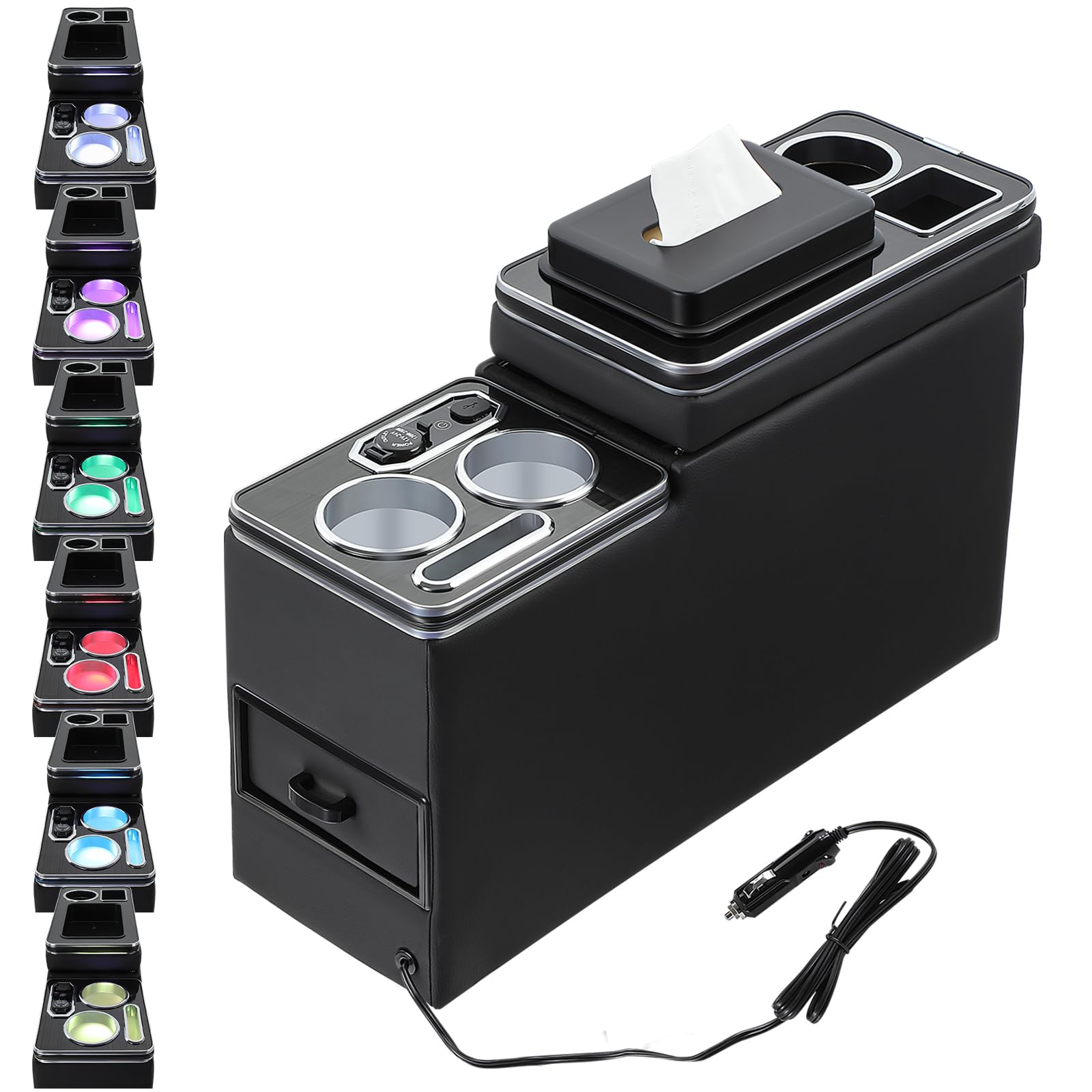 GEARMONSTER Upgrade Mittelkonsole mit 7 Farben LED-Leuchten und USB Aufladestation Kompatibel mit VW T4 T5 T6 T7 T6.1 2003-2019, Acrylplatte Armlehne Aufbewahrungsbox Schwarz Glanz Leder Zubehör
