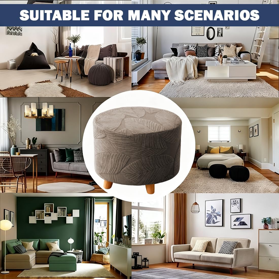 Round Ottoman Cover Stretch Round Ottoman Storage Slipcover Leaves Jacquard Folding Footrest Stool Furniture Protector Cover with Elastic Bottom for Living Room Set of 1 Coffee