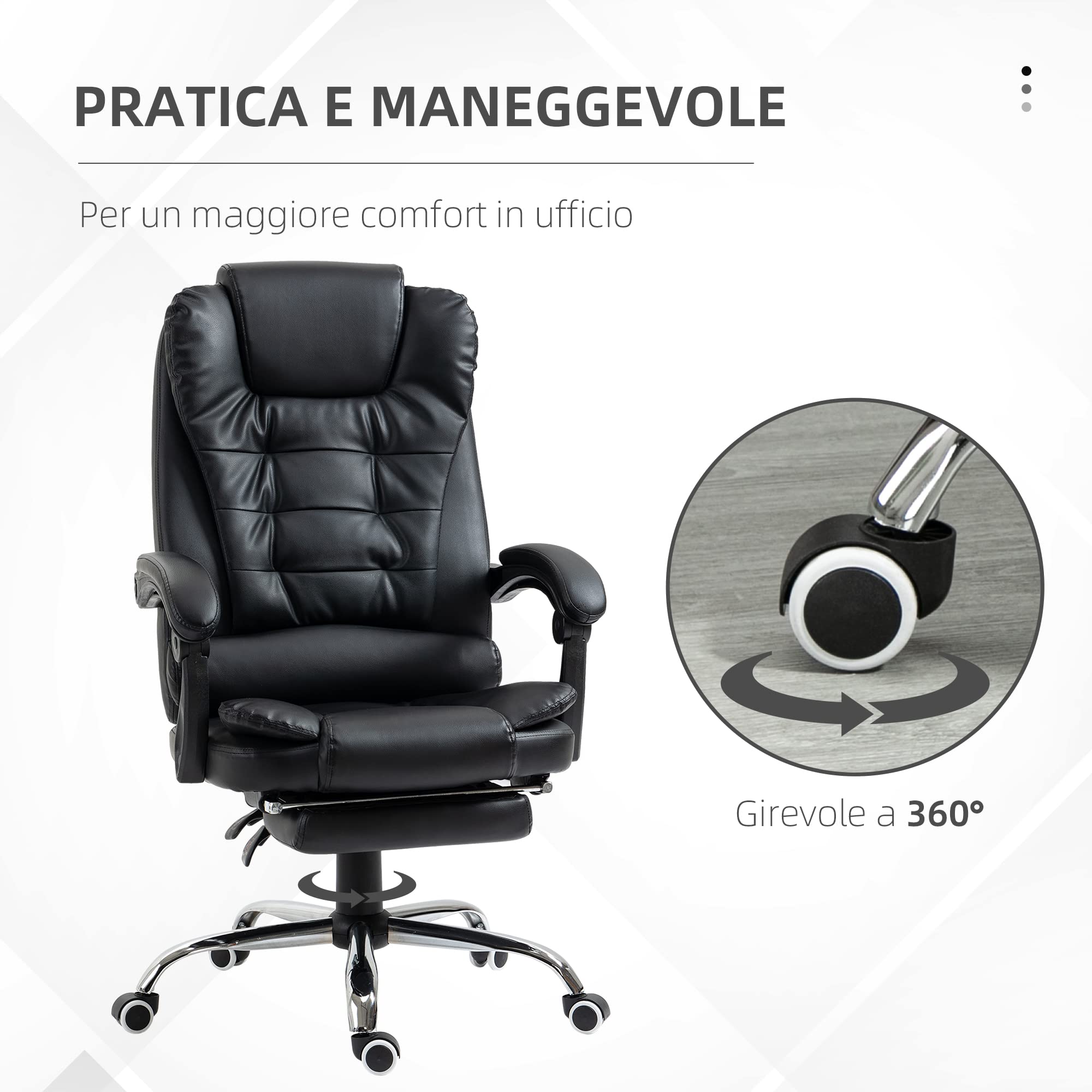 HOMCOM Sedia da Ufficio Ergonomica Presidenziale in Pelle PU con Supporto Lombare, Poltrona da Ufficio Girevole con Schienale Alto Reclinabile 145°, Altezza Regolabile e Poggiapiedi Estraibile, Nero