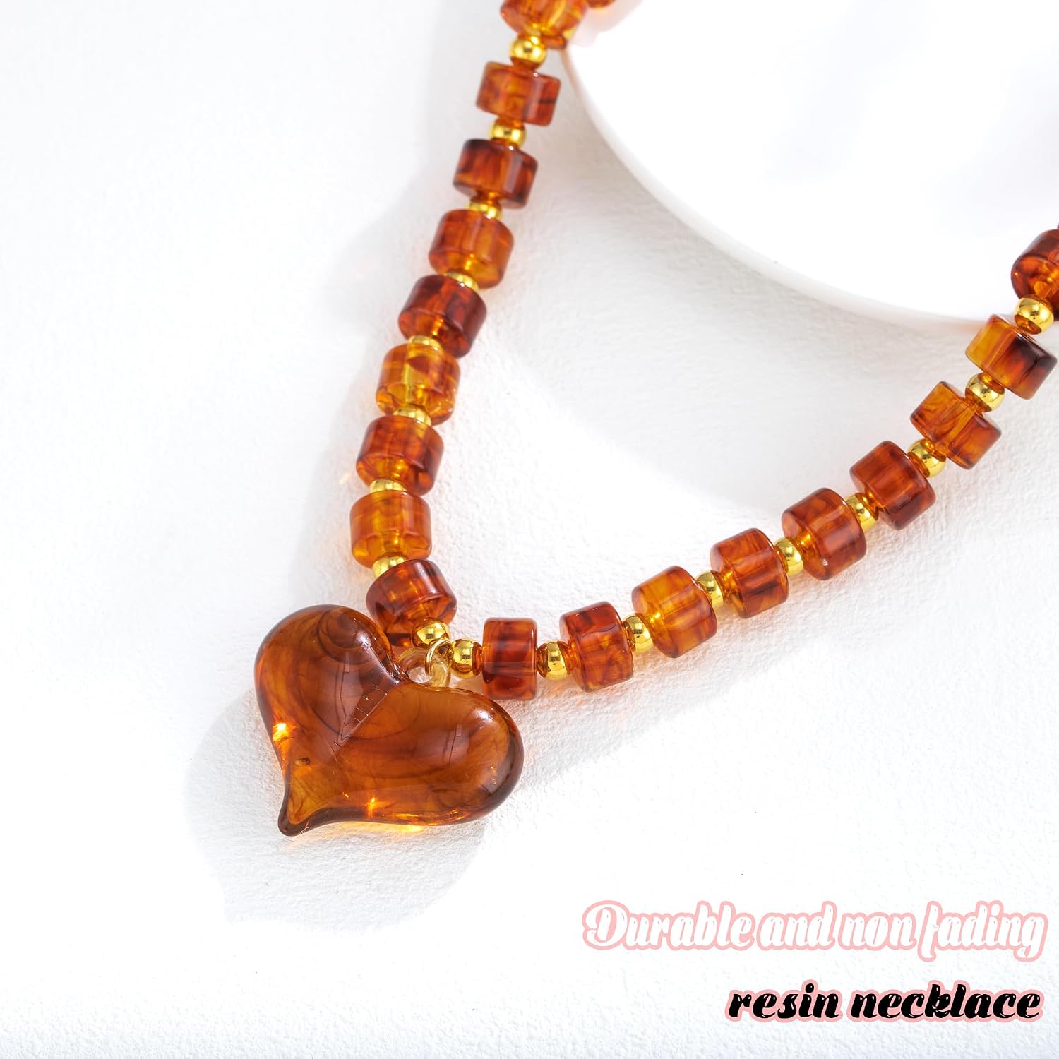 Ursumy Chunky Beaded Choker Necklace for Women Resin Pluff Heart Pendant Necklace Trendy Big Statement Jewelry