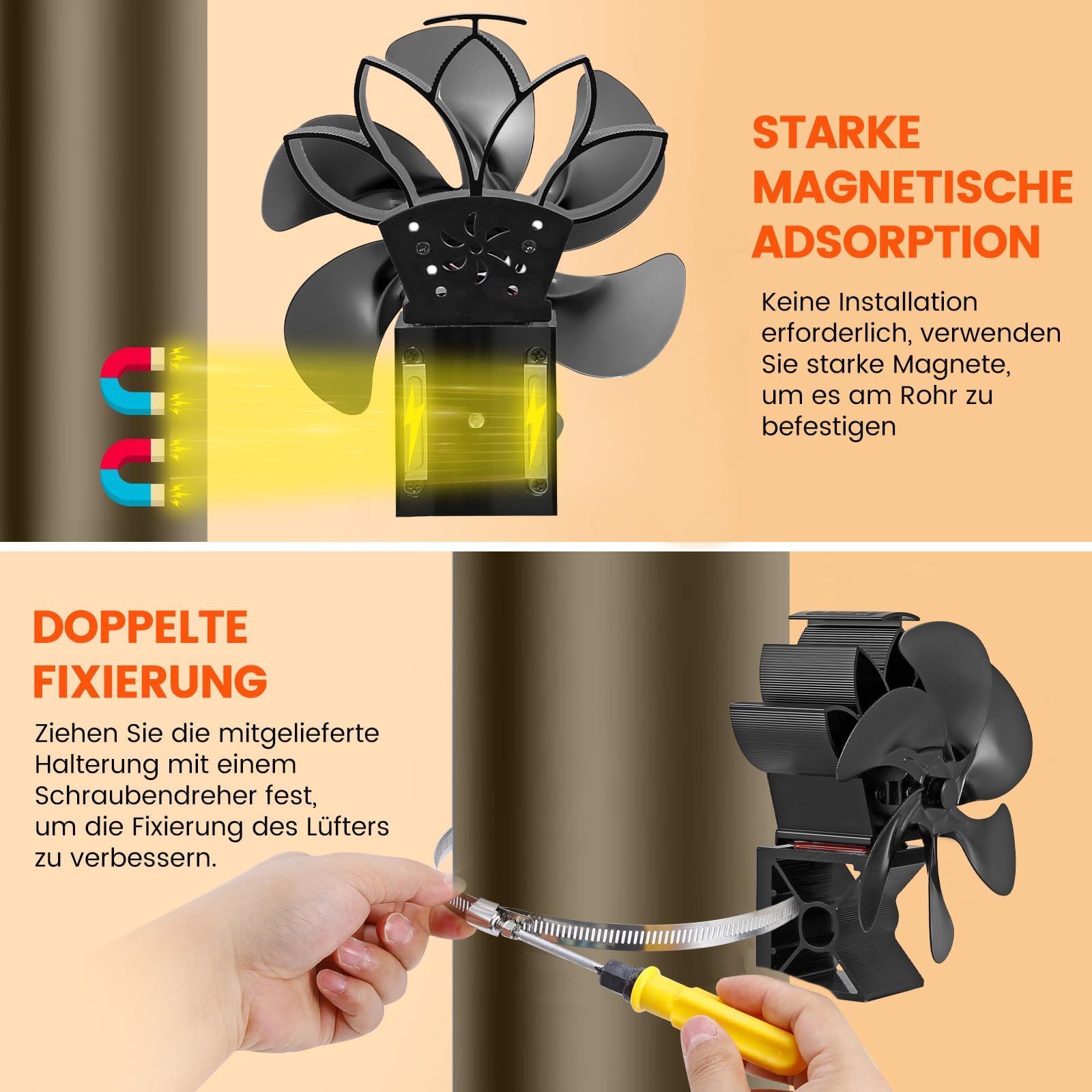 JossaColar Ofenventilator Kaminventilator Magnetisch | 6 Klingen Kaminventilator Ofenrohr Ventilator | Ofenventilator Ohne Strom | Kamin Ventilator inkl. Magnetisches Thermometer