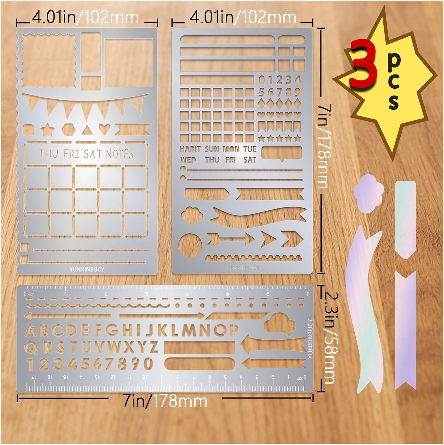 3 Pieces Metal Stencils, Journal Stencil Set, Letter, Number, Pattern, Line, Stainless Steel Drawing Template Kit