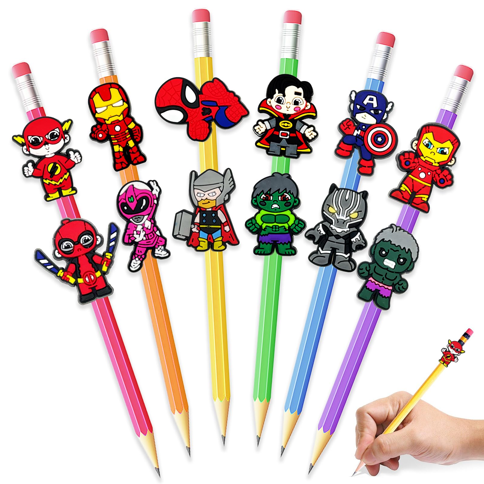 12 Pieces Pencil Topper, Cartoon Pencil Clip Decoration for Back to School Classroom Student Gift (12Pcs Hero)