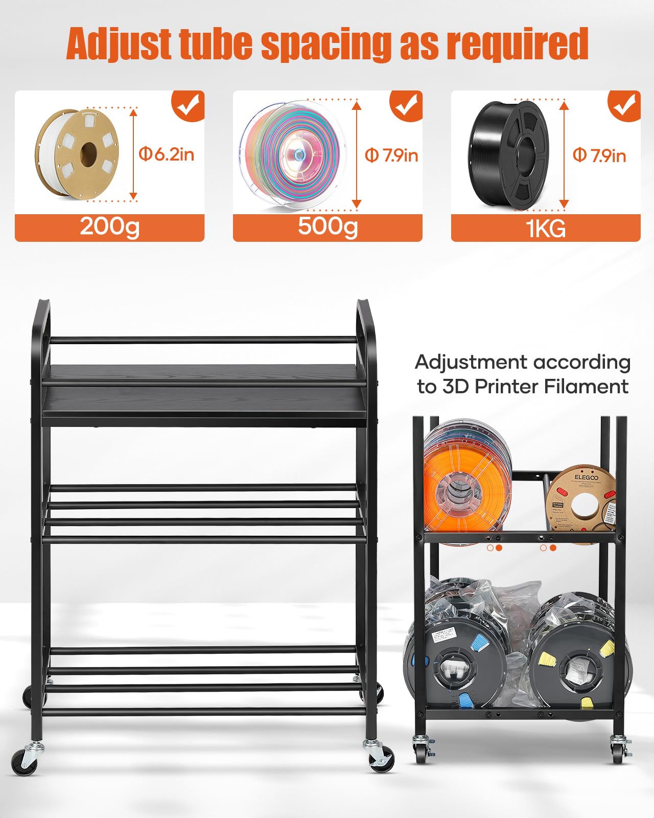 Filament-Aufbewahrungsregal für 3D-Drucker, rollende Filament-Spulenhalter mit Rollen, robustes Metallregal für PLA/ABS/TPU/Nylon, Filamente organisiert für 3D-Druckstudio, Bürowerkstatt, Schwarz