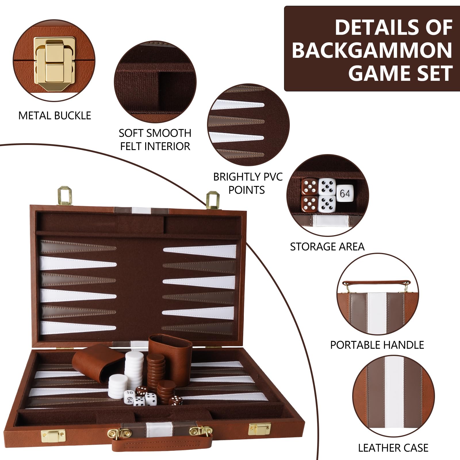 Backgammon, Backgammon Set 15 Pouces, Grand Jeu De Back-Gammon pour Adultes, Back-Gammon en Cuir véritable, Back-Gammon de Voyage, pour Les campeurs et Les Fans de Voyage (avec dés et doubleur)